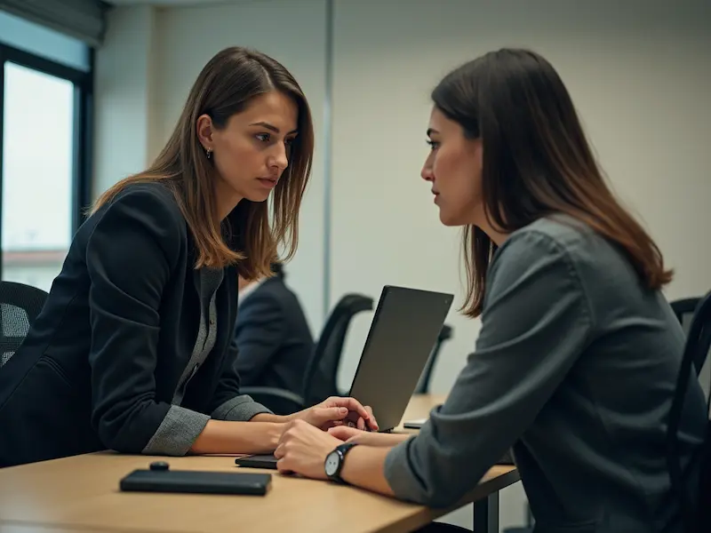 Dos mujeres dialogando seriamente en un entorno laboral, destacando la gestión de conflictos en el lugar de trabajo.