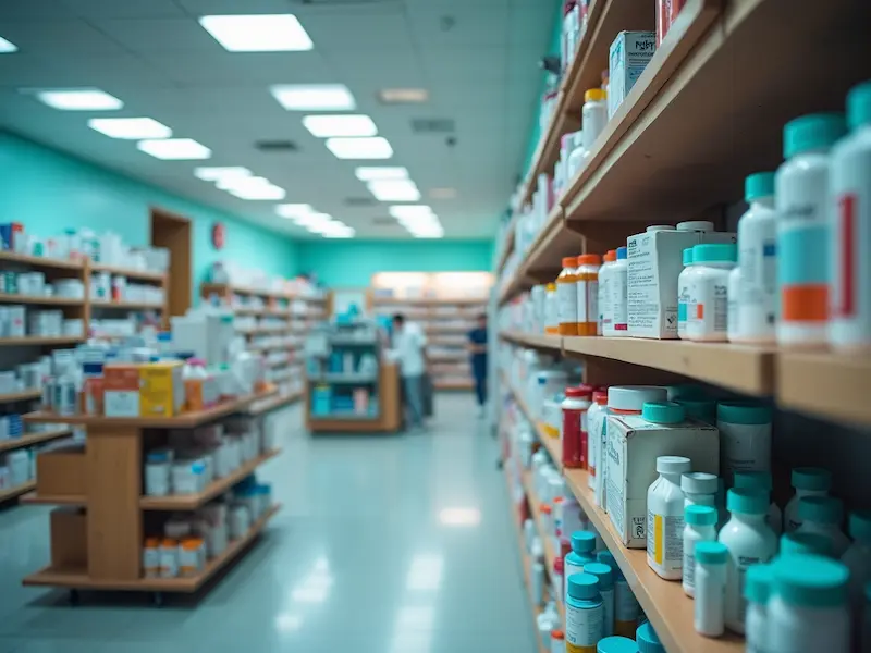 Interior de una farmacia con estanterías llenas de medicamentos y personal trabajando al fondo.