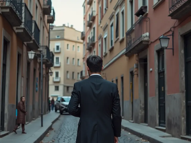 Hombre caminando en una calle urbana, representando la resolución de la Sentencia STS 5619/2024 sobre un delito de estafa inmobiliaria en España.