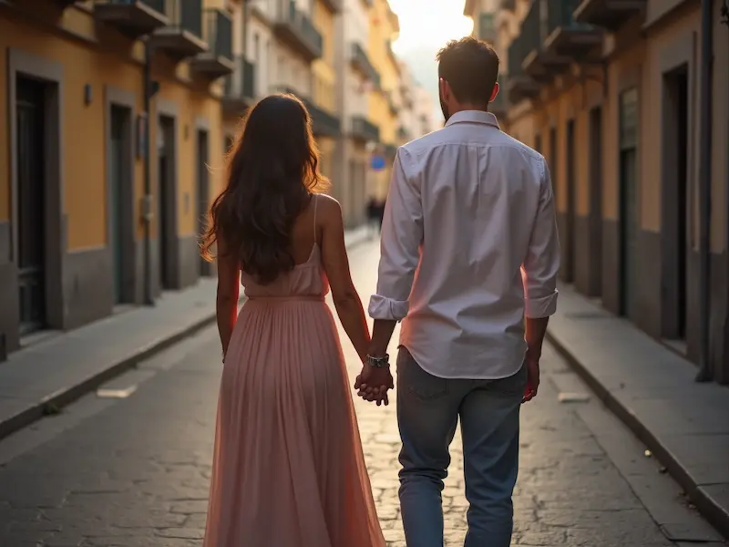 Pareja caminando por una calle al atardecer, simbolizando relaciones matrimoniales y procesos de divorcio.