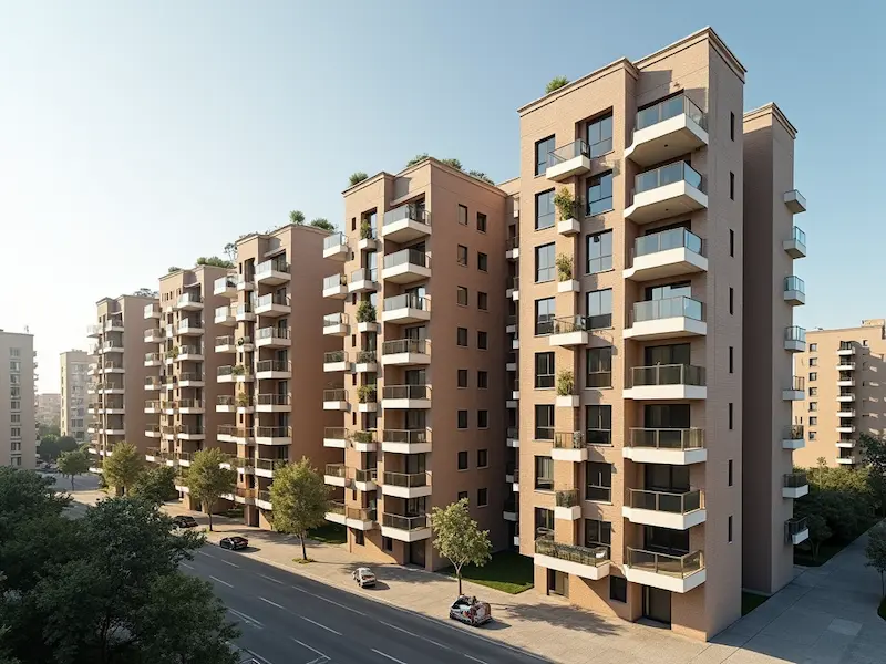 Edificios residenciales modernos de varios pisos con balcones acristalados y vegetación en las terrazas superiores, alineados a lo largo de una avenida arbolada.