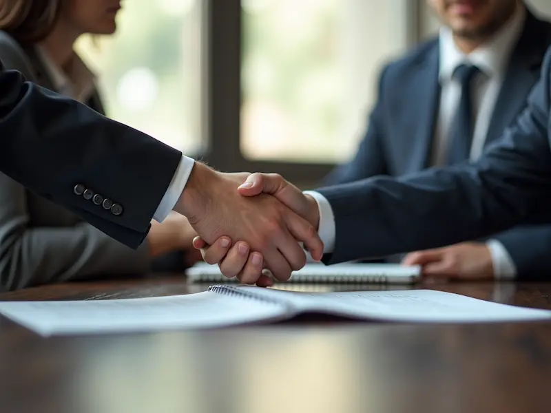 Personas estrechándose la mano en una reunión profesional, simbolizando un acuerdo alcanzado mediante mediación.