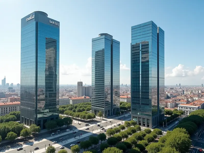 Recreación de las Torres Ilunion, Realia y Barclays del distrito financiero de Madrid en Plaza Castilla