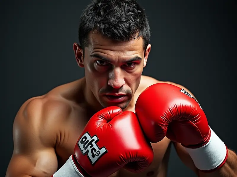 Boxeador con guantes rojos en posición de combate, destacado en un fondo oscuro