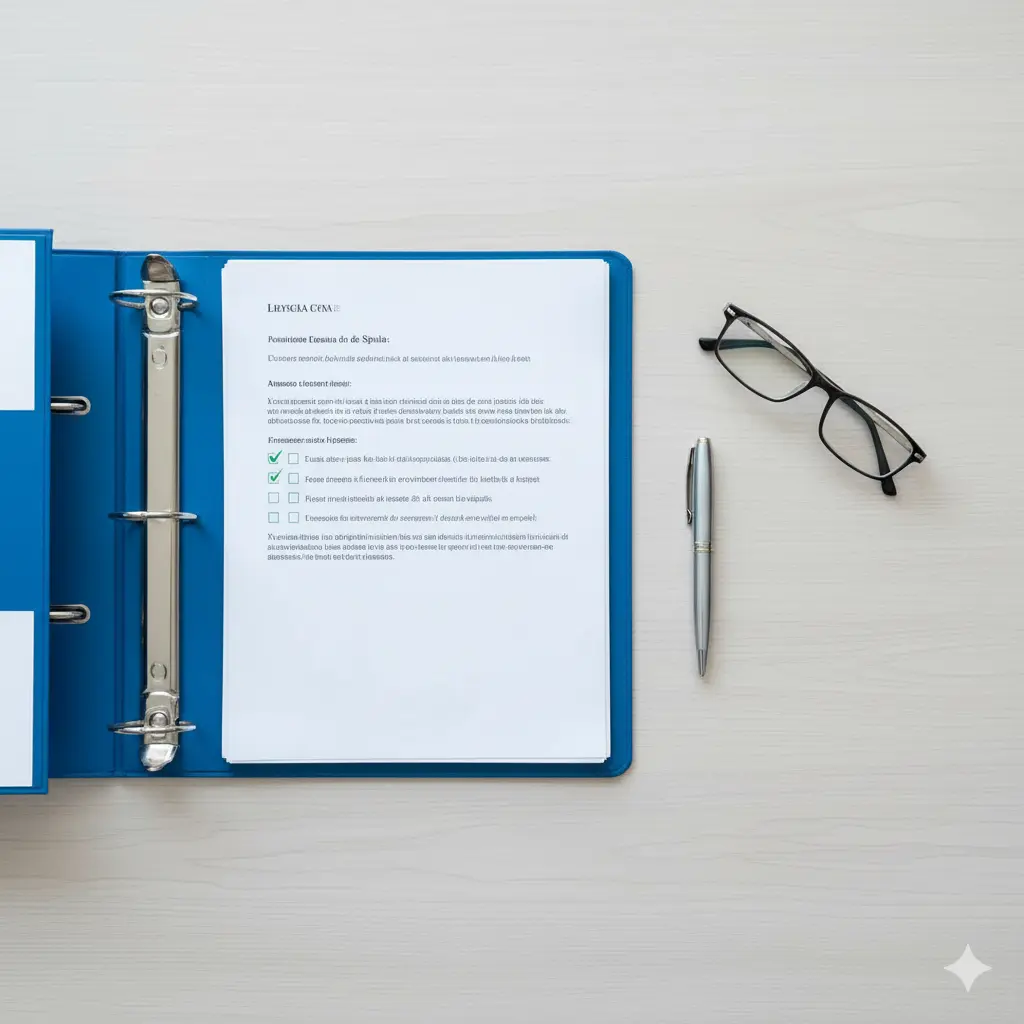Carpeta con lista de documentos necesarios para divorcio express, junto a bolígrafo y gafas sobre escritorio.
