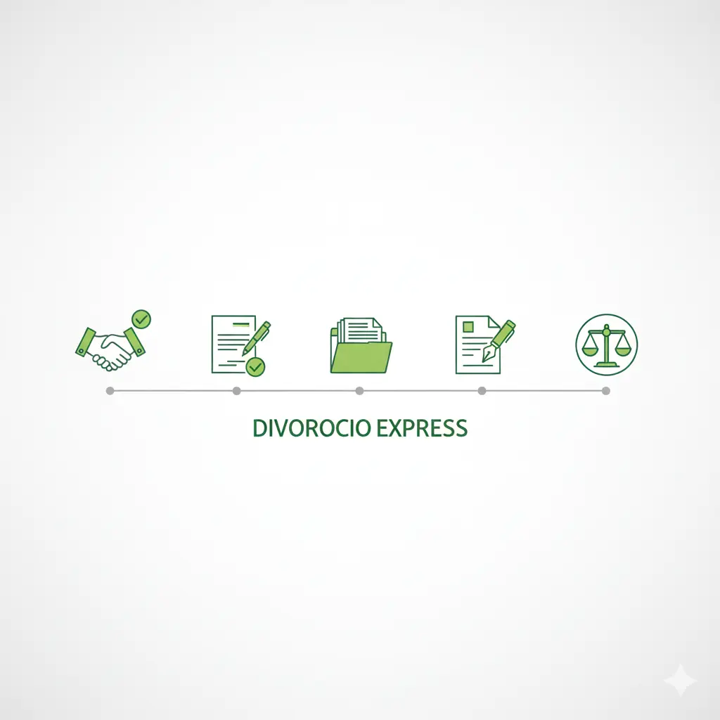 Infografía con los pasos para tramitar un divorcio express: acuerdo, documentos, convenio regulador y resolución judicial.