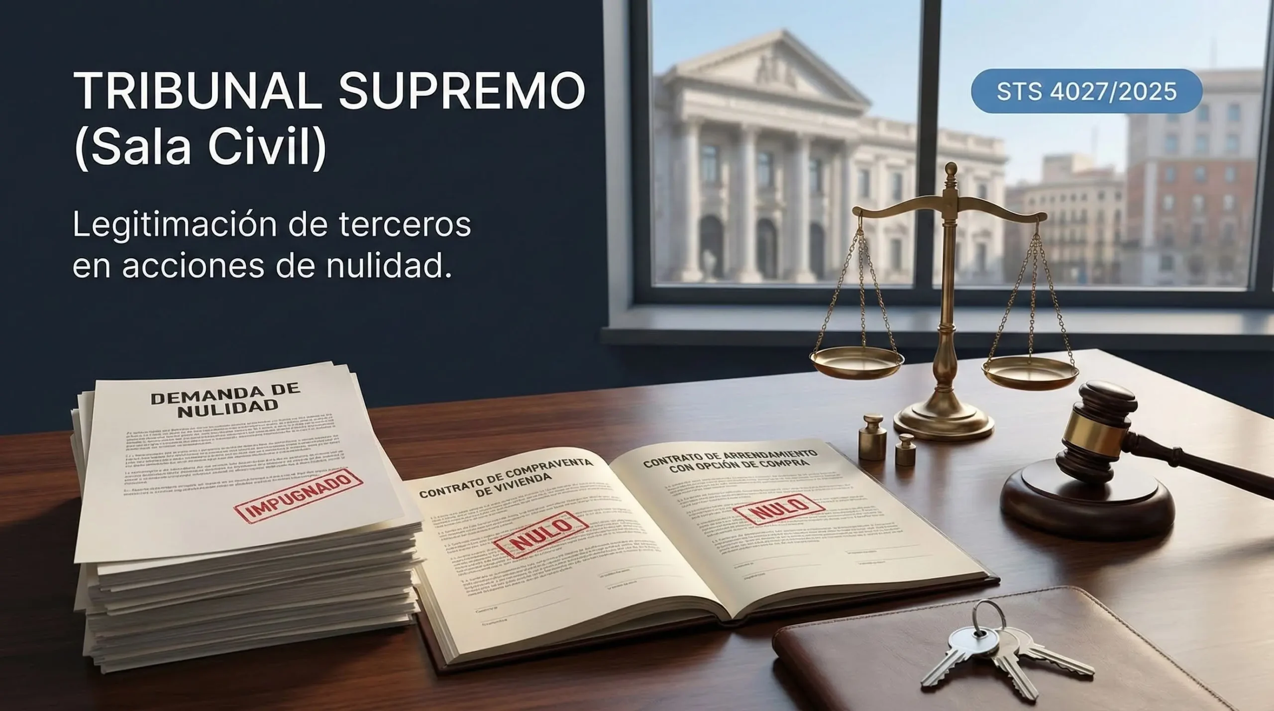 Imagen de una mesa de despacho jurídico con documentos sobre nulidad contractual, incluyendo una demanda de nulidad y contratos declarados nulos, junto a una balanza, un mazo judicial y un edificio institucional al fondo, ilustrando la doctrina del Tribunal Supremo sobre la legitimación de terceros en acciones de nulidad según la STS 4027/2025.