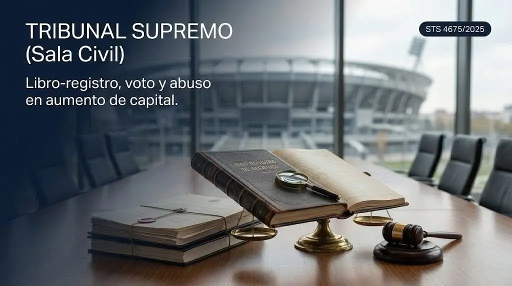 Escena jurídica con libro-registro de acciones, mazo judicial y estadio al fondo que ilustra la STS 4675/2025 sobre voto, legitimación y abuso en aumento de capital.