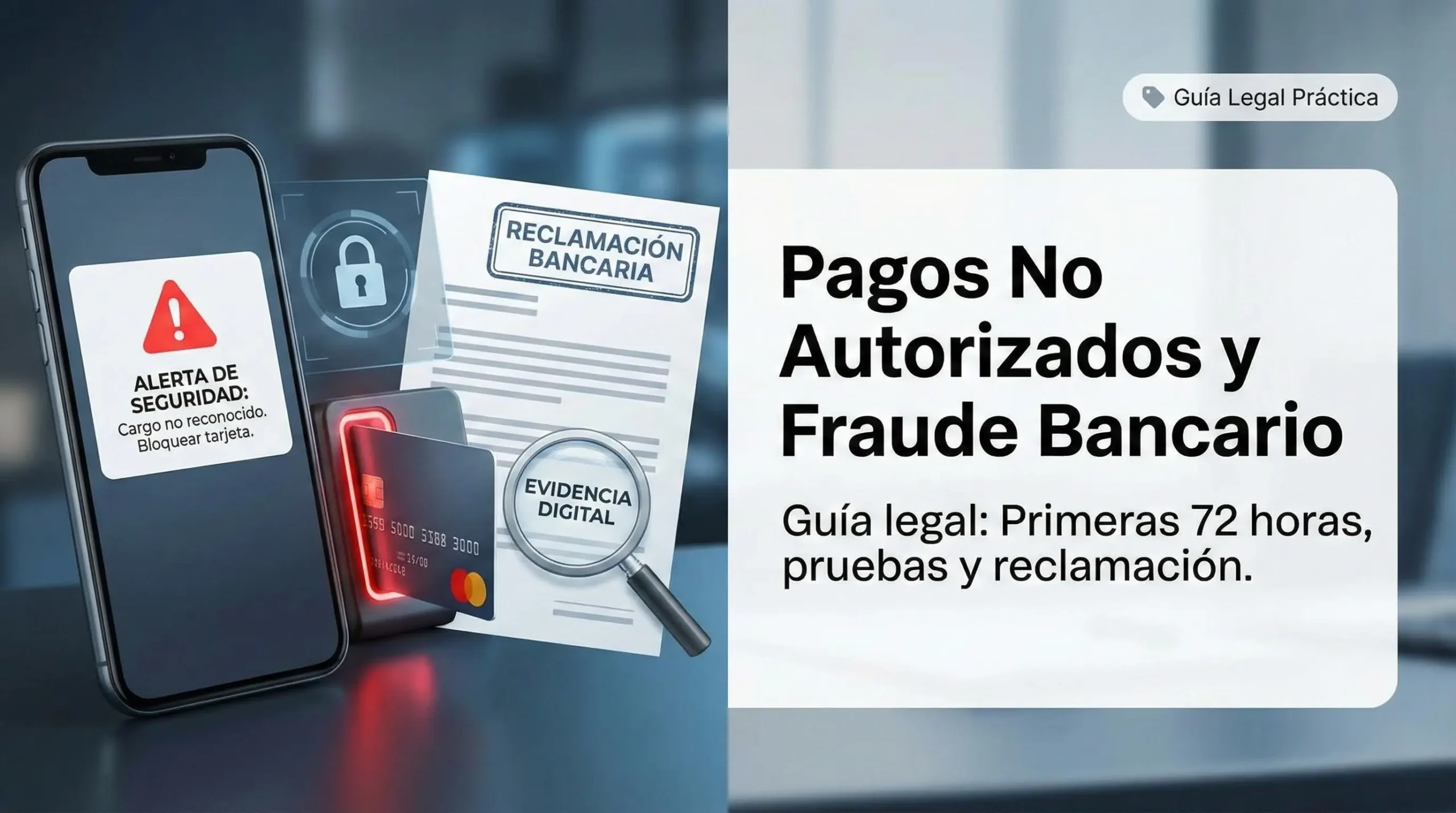 Ilustración sobre pagos no autorizados y fraude bancario con móvil en alerta, tarjeta y reclamación bancaria con evidencia digital.