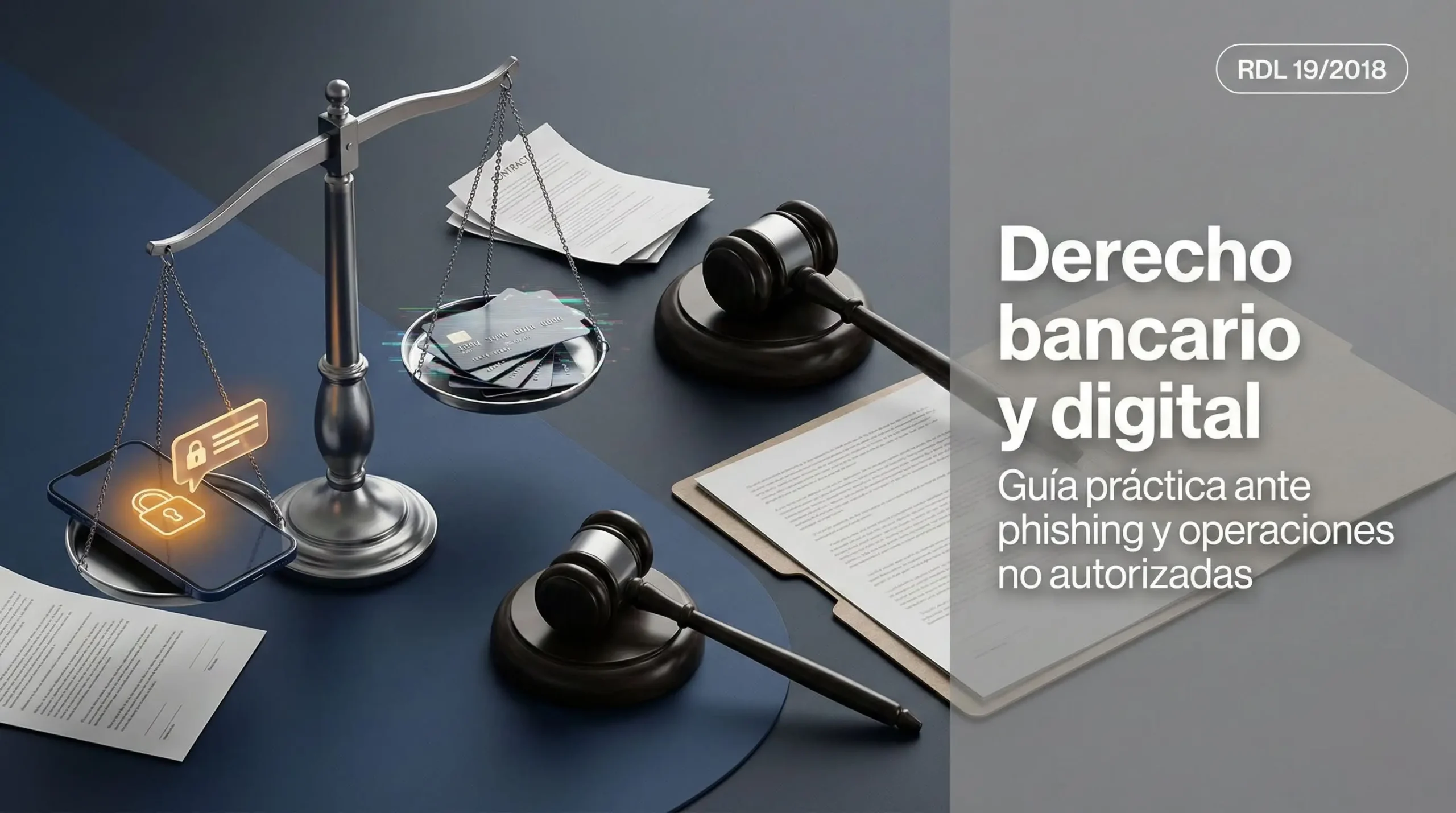 Ilustración sobre derecho bancario y digital con una balanza que compara un móvil con iconos de seguridad y varias tarjetas bancarias, acompañada de mazos judiciales y documentos, relacionada con la protección frente al phishing y operaciones no autorizadas.