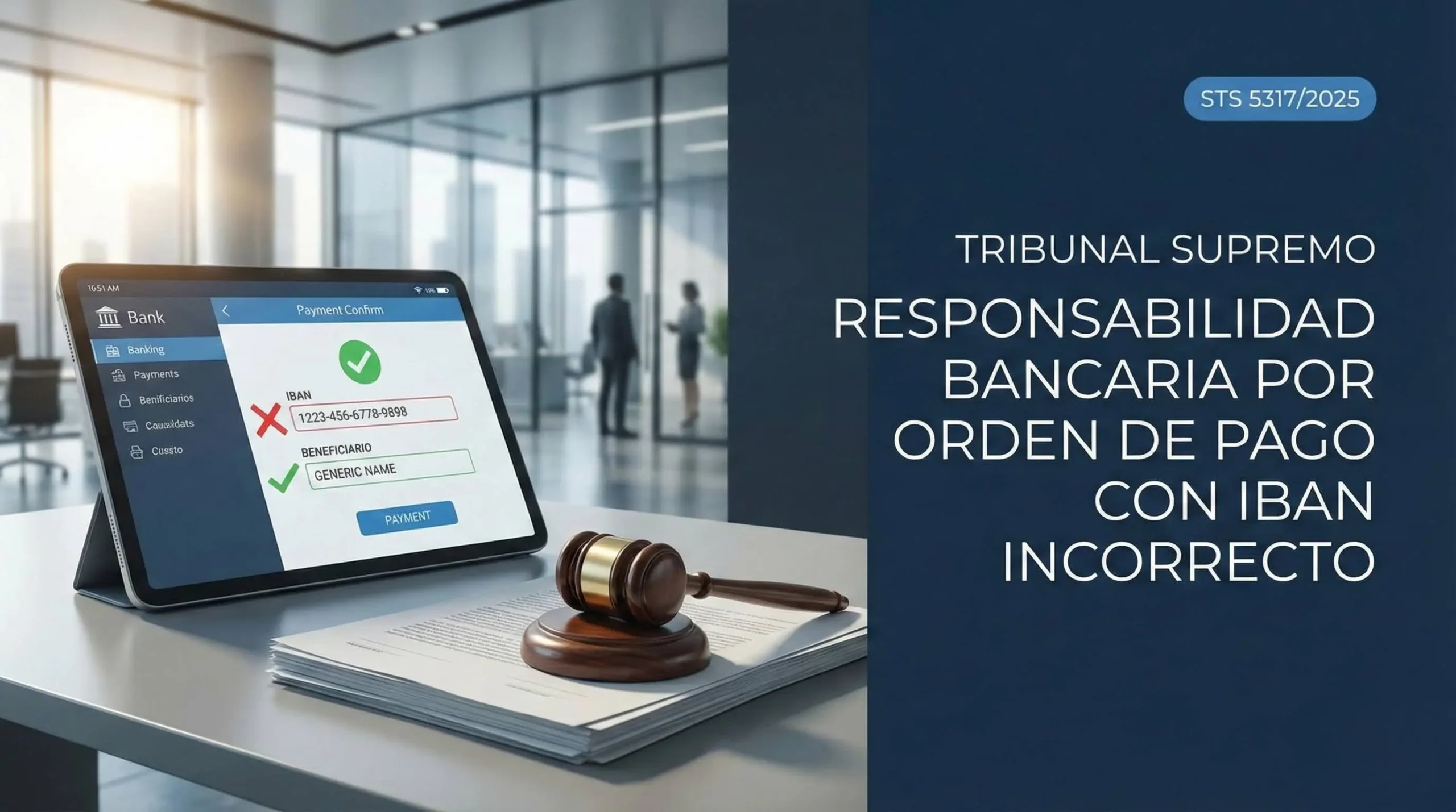 Transferencia bancaria fallida por IBAN incorrecto con ilustración de responsabilidad bancaria según reciente sentencia del Tribunal Supremo.